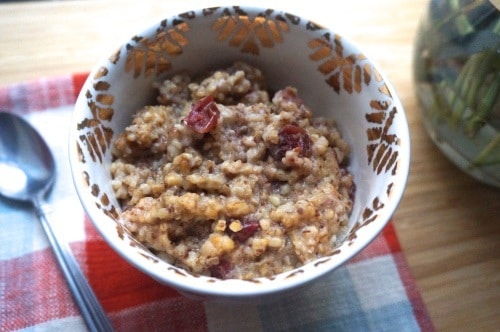 Cranberry Apple Steel Cut Oatmeal in a printed bowl over a checked table napkin with spoon