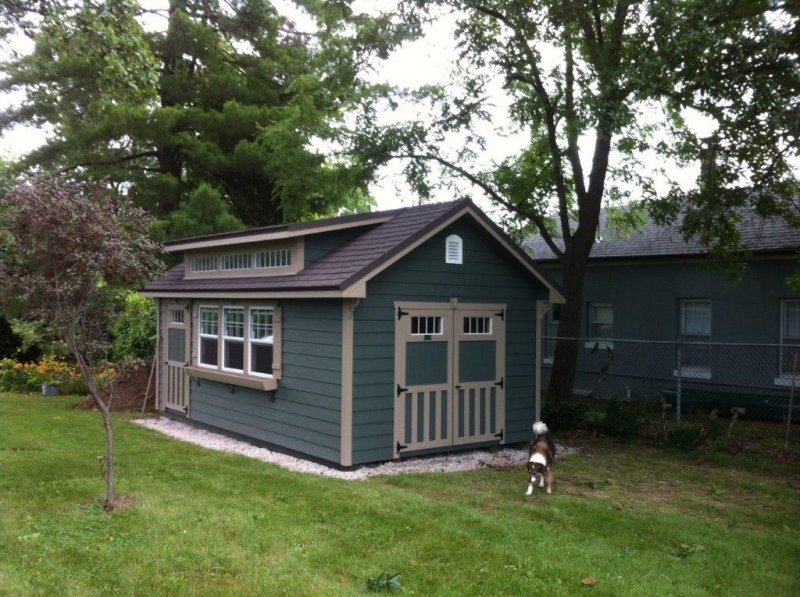 Shed house, with dog outside, with trees