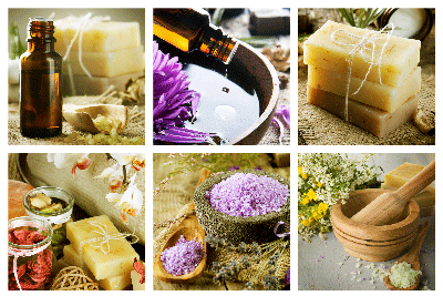 6 Different Pictures of Essential Oil Bottle, Soap and Bath Salt.