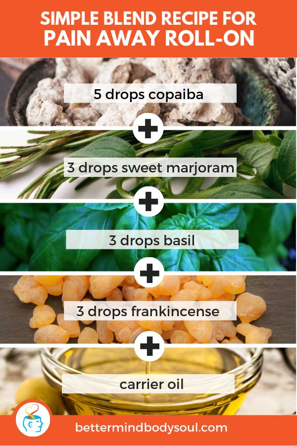 Simple Blend Recipe For Pain Away Roll On. Copaiba + Marjoram + Basil + Frankincense + Carrier oil