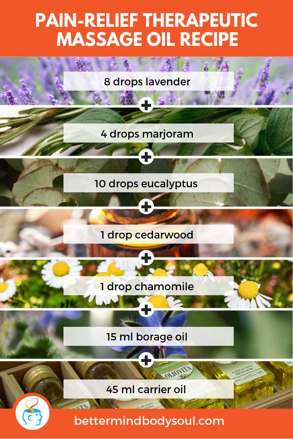 Pain Relief Therapeutic Massage Oil Recipe. Lavender + Marjoram + Eucalyptus + Cedarwood + Chamomile + Borage Oil + Carrier oil