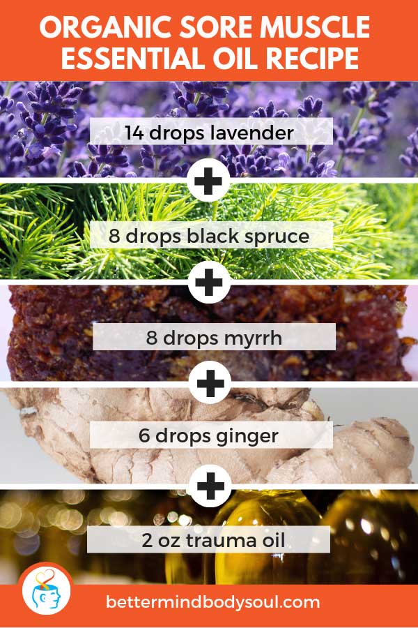 Recipe for Sore Muscle. Lavender flowers, black spruce leaves, myrrh, ginger, trauma oil in the bottles
