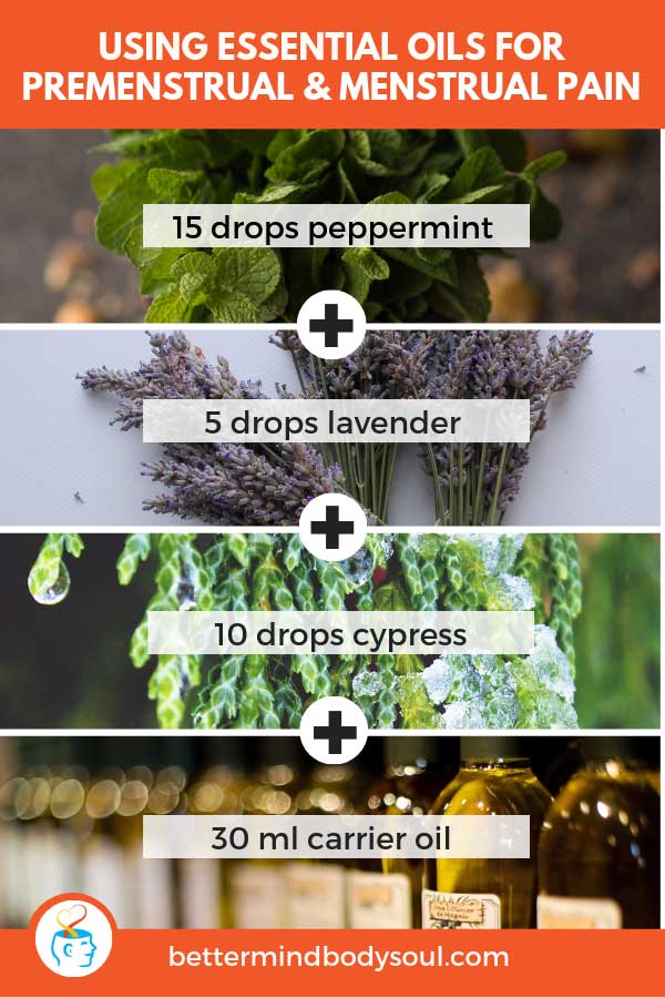 Using Essential oils for Premenstrual & Menstrual Pain. Peppermint + Lavender + Cypress + Carrier oil.