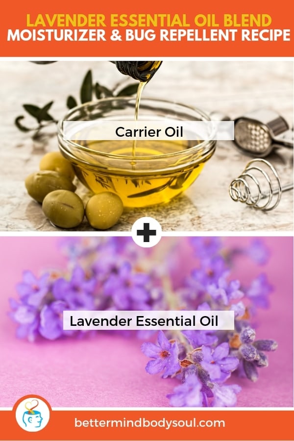 ESSENTIAL OIL BLEND MOISTURIZER & BUG REPELLENT RECIPE. Carrier oil in a bowl and an olive beside, lavender flowers
