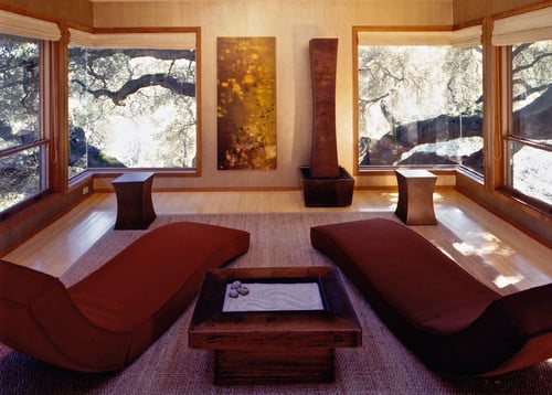 Contemporary, Zen Meditation Room nestled in a 500 year old oak tree with disappearing corner windows, and indoor bronze fountain.
