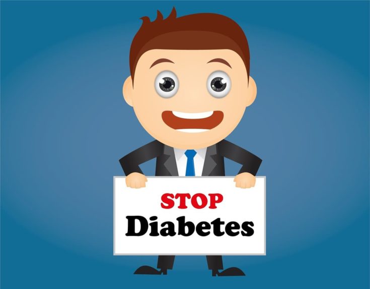 A picture of a cartoon man holding a slogan with Stop Diabetes written in blue background