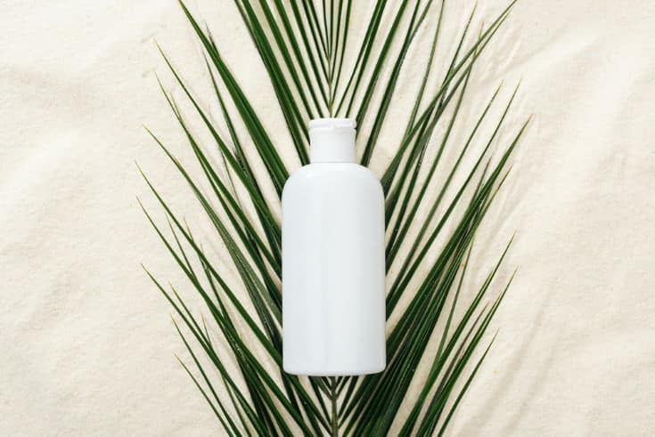 White sunscreen lotion on green palm leaf