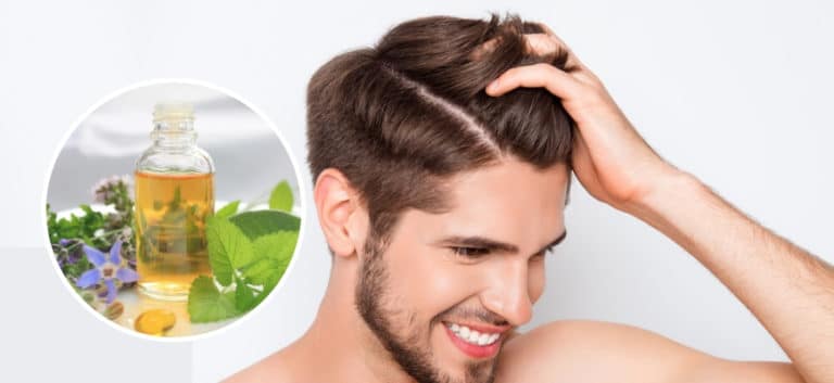 Be Flake Free With Natural Dandruff Shampoo Recipes - Closed up of happy man's head showing a clean hair with a natural shampoo and it's ingredients on the side.