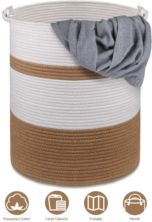 Click image to open expanded view YouJia Extra Large Cotton Rope Basket 18"x16", Woven Baskets for Storing Blankets, Towels, Toys, Diapers, Books, Yoga mats, Coiled Round White - Brown Laundry Hamper with Handles