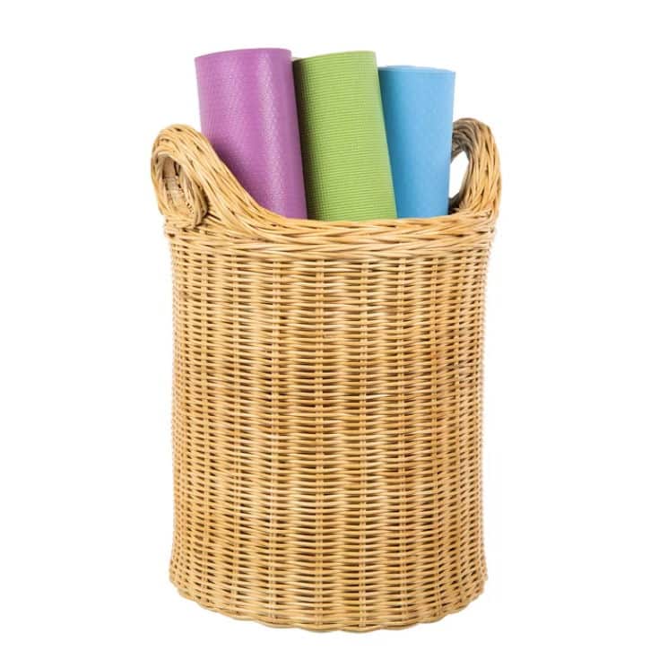 Purple Yoga Mat Rolled By Wicker Basket With Blocks And Black Belt Inside  Stock Photo - Download Image Now - iStock