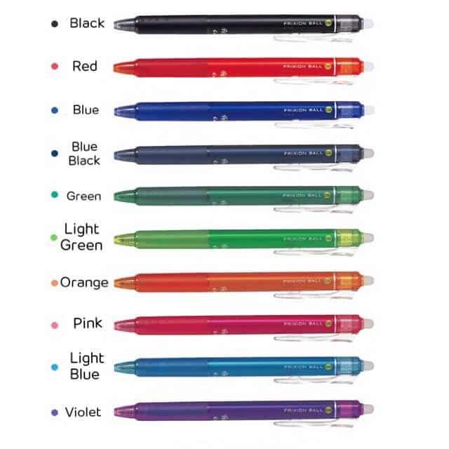 Pilot FriXion erasable pens set in a white background.